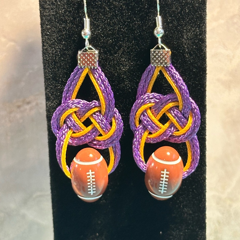 Hand Crafted Purple and Gold Knotted Earrings with Football Charm